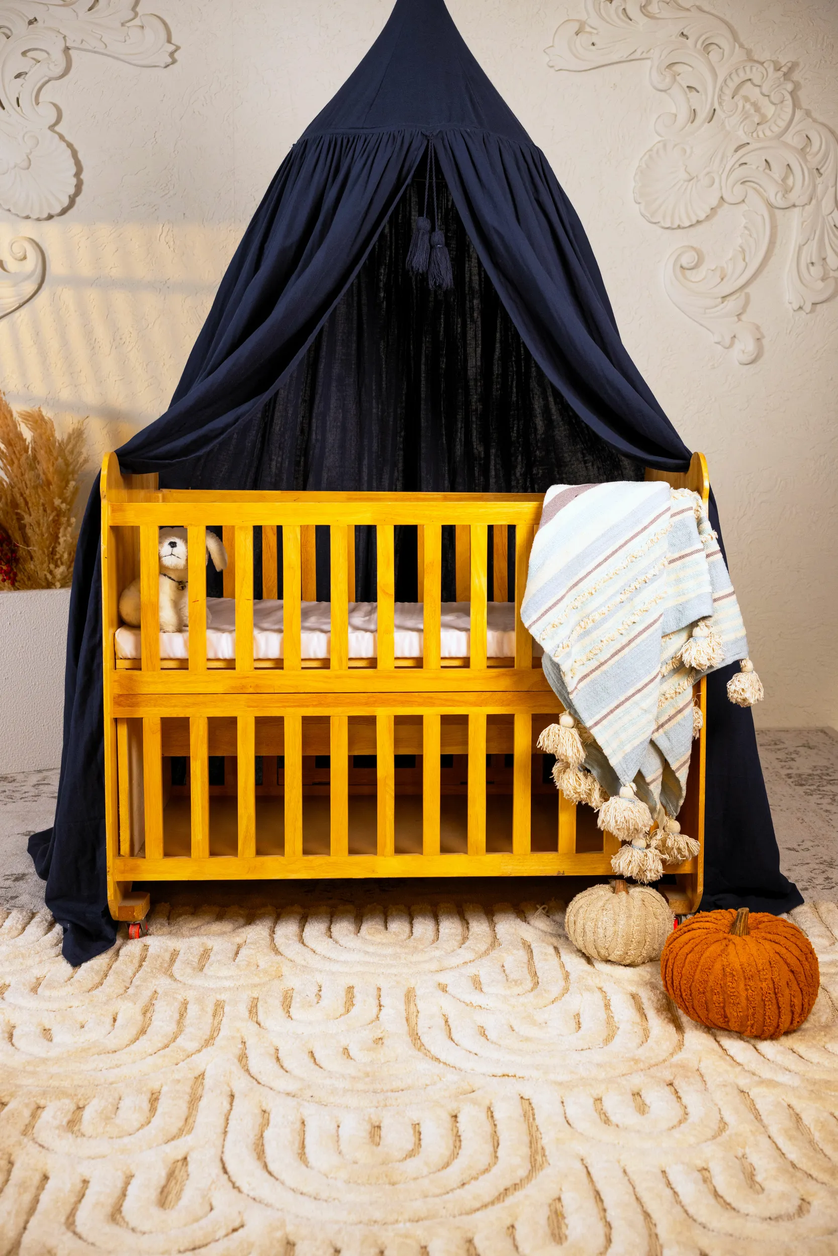 Bed canopy | double organic cotton muslin | L'Infini pompons